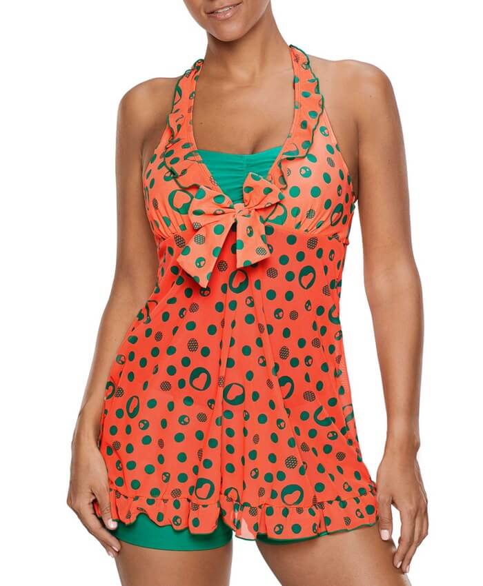 Printed Frill Hem Halter Swimdress and Shorts